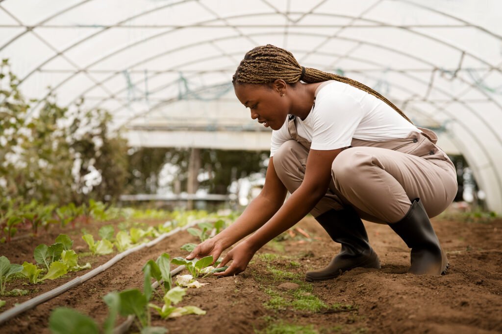 side view woman taking care plants
