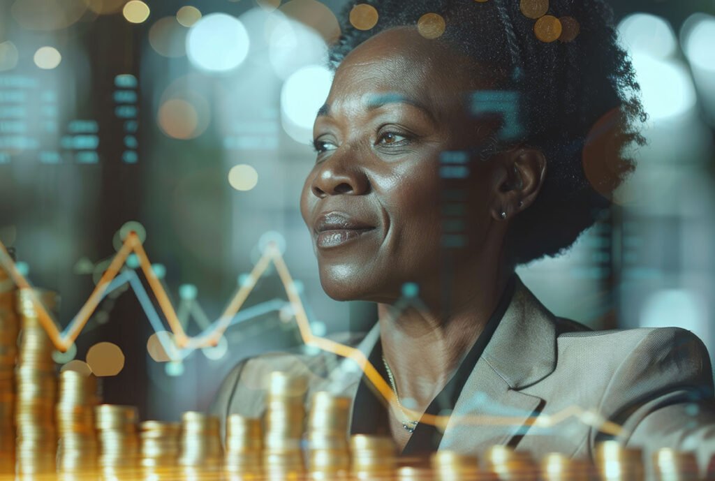 confident businesswoman with financial graphs